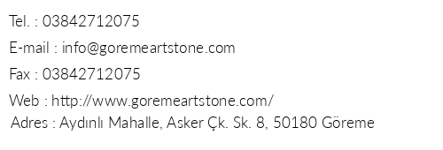 Art Stone Hotel Greme telefon numaralar, faks, e-mail, posta adresi ve iletiim bilgileri
